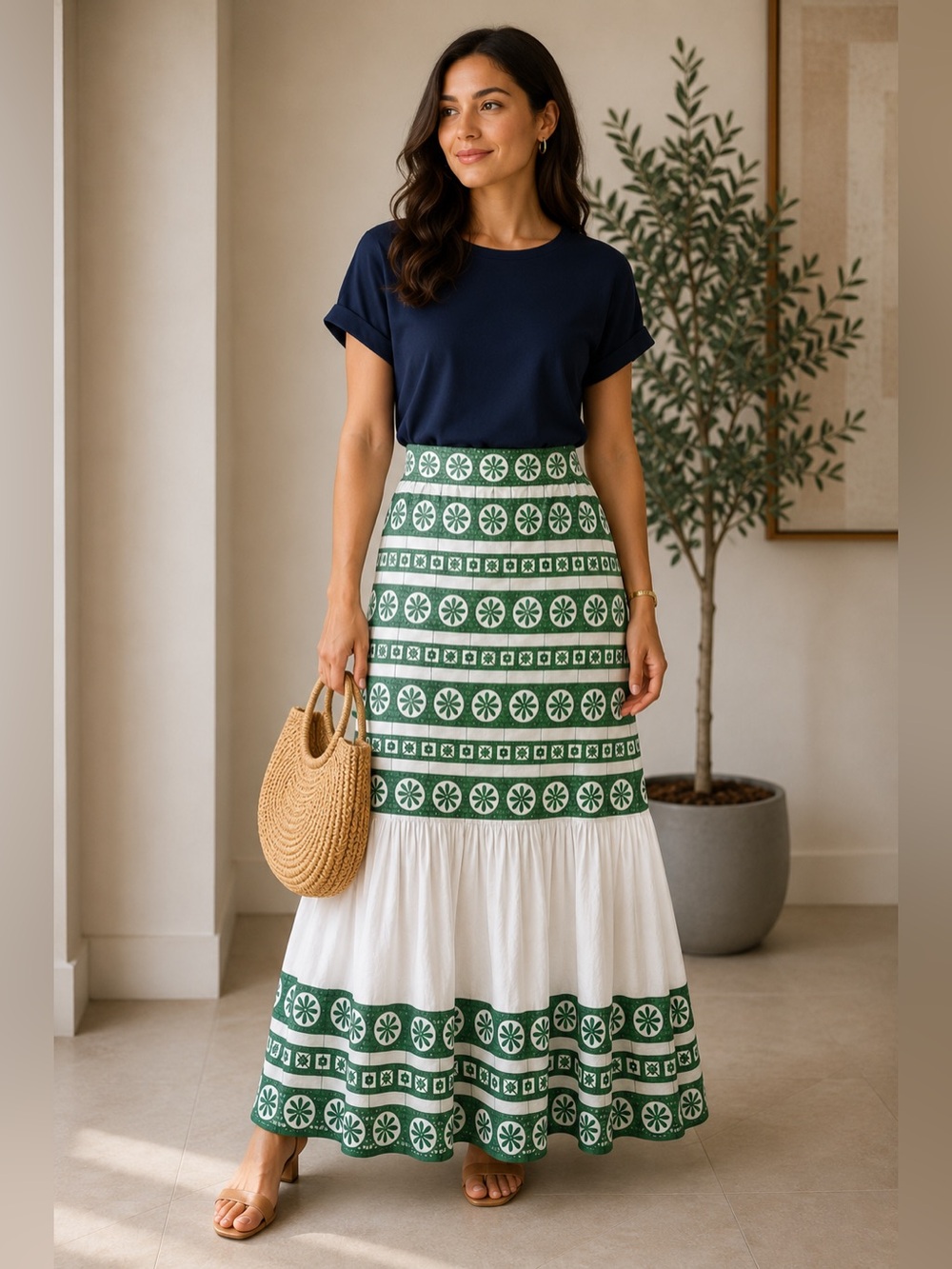 Zara Green and White Embroidered Maxi Skirt